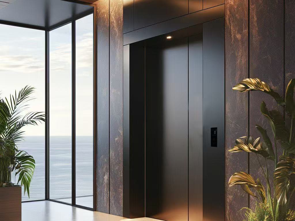 Stainless steel elevator doors and a portal in a circulation lobby with planting