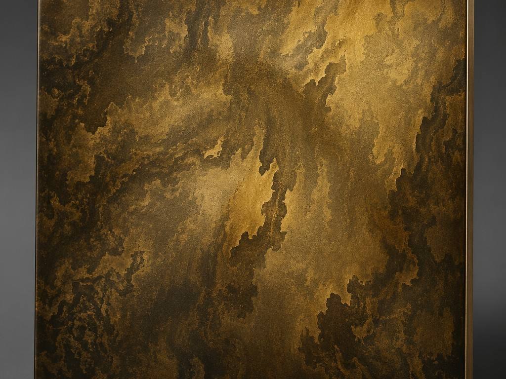A burnished gold antique patina stainless steel surface with dark mottling