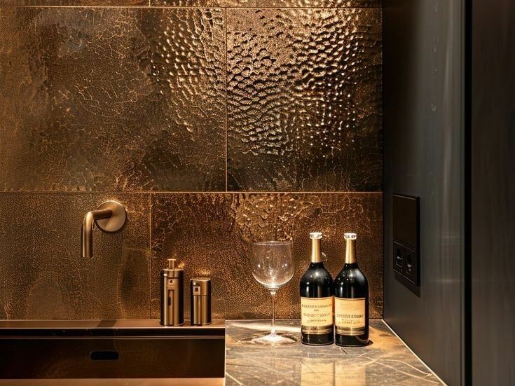 A full-height hammered stainless steel feature wall giving the wall plane greater material depth