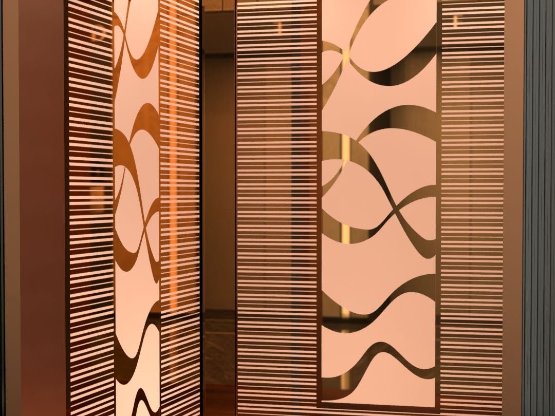 An elevator cabin with etched stainless steel wall panels and a patterned door creating close-range visual identity