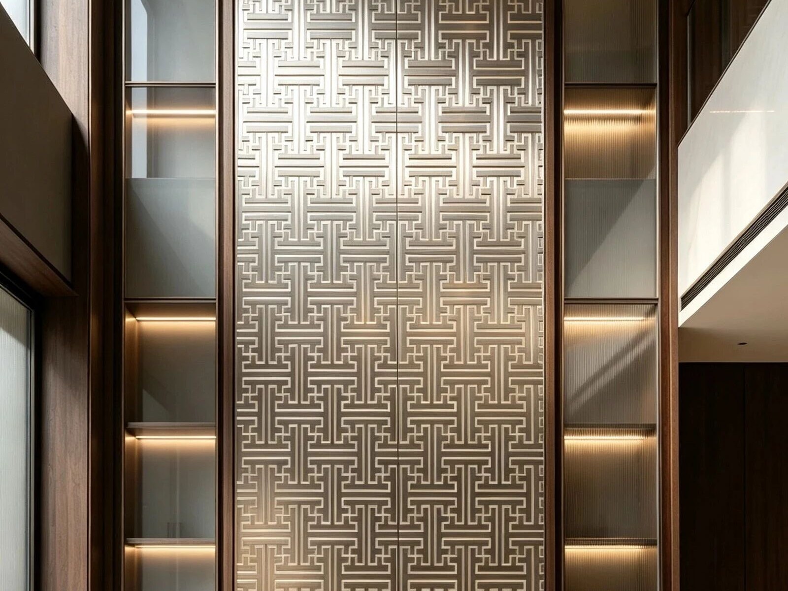 A feature wall clad in etched stainless steel panels with integrated lighting, forming the main interior composition