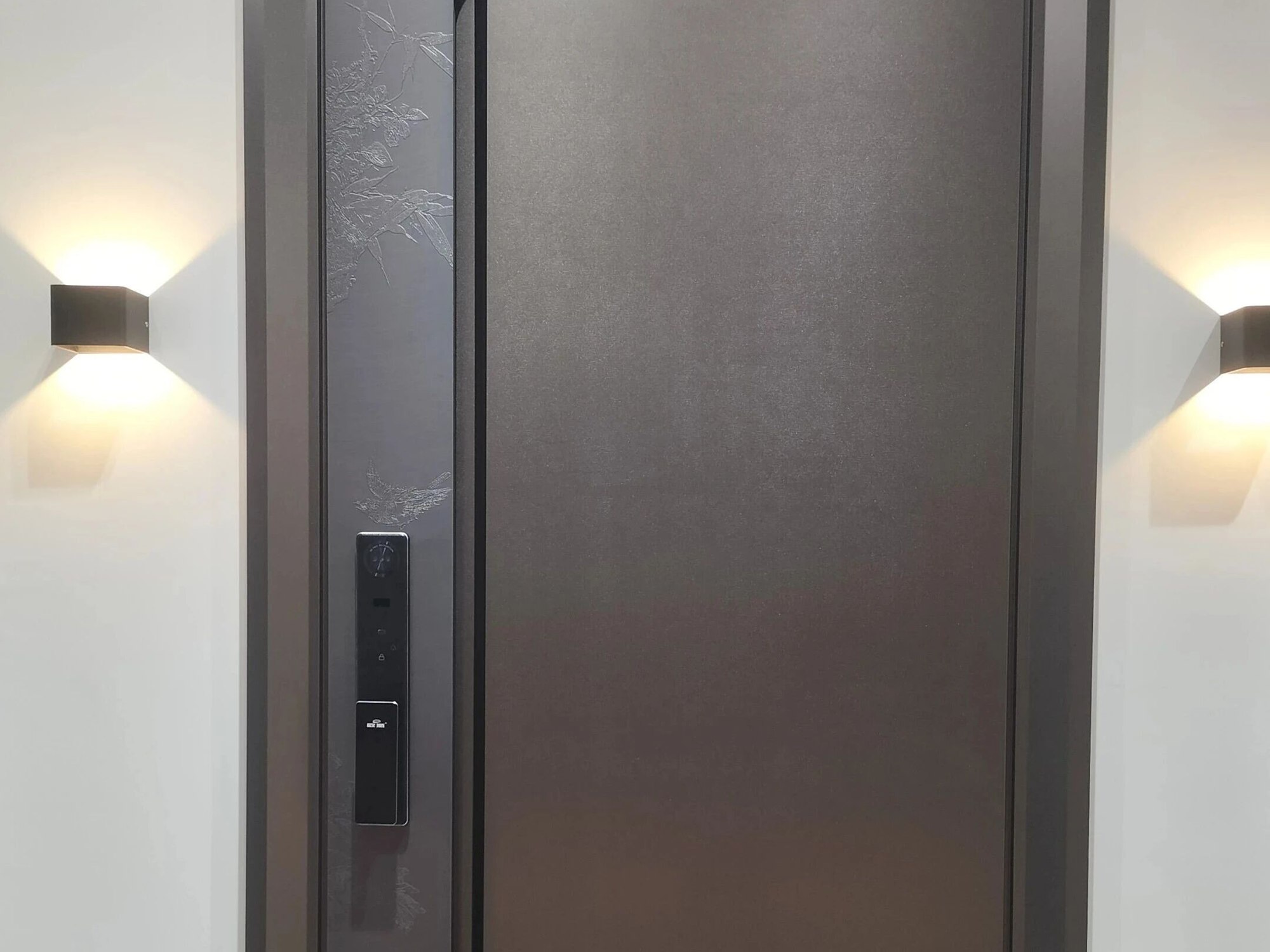 An etched stainless steel entrance door installed with concealed wall lighting and a slim pull handle