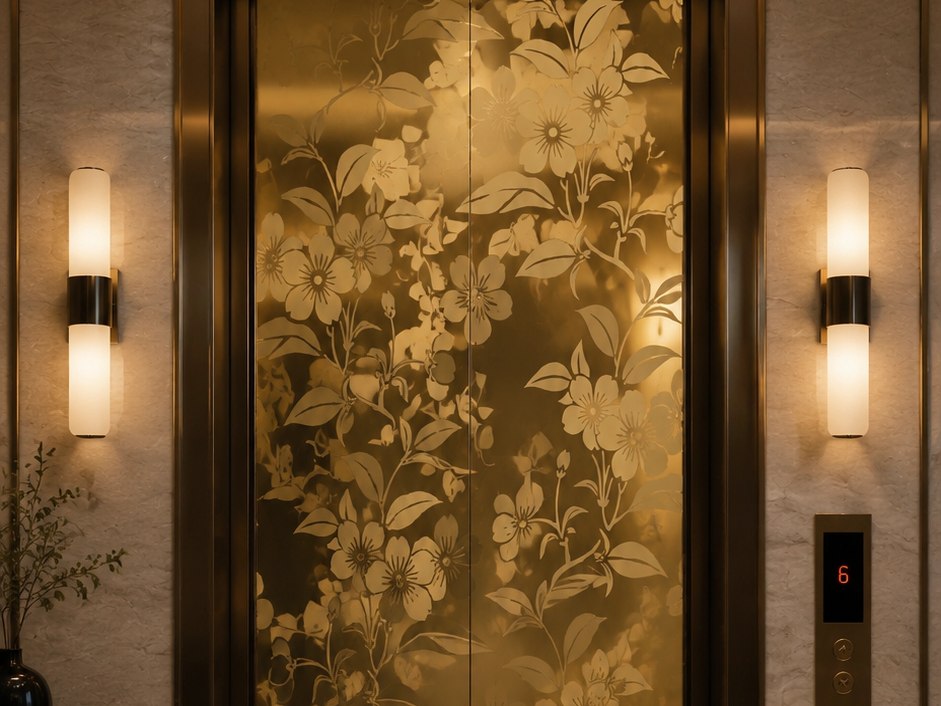An elevator entrance with etched stainless steel doors carrying a floral pattern, set within a stone portal