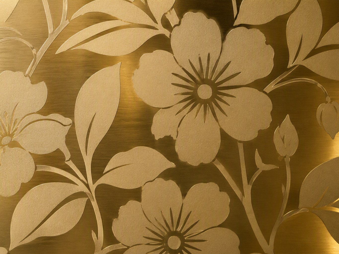 Close view of the floral etched pattern on gold stainless steel, the frosted etched areas reading against the polished ground
