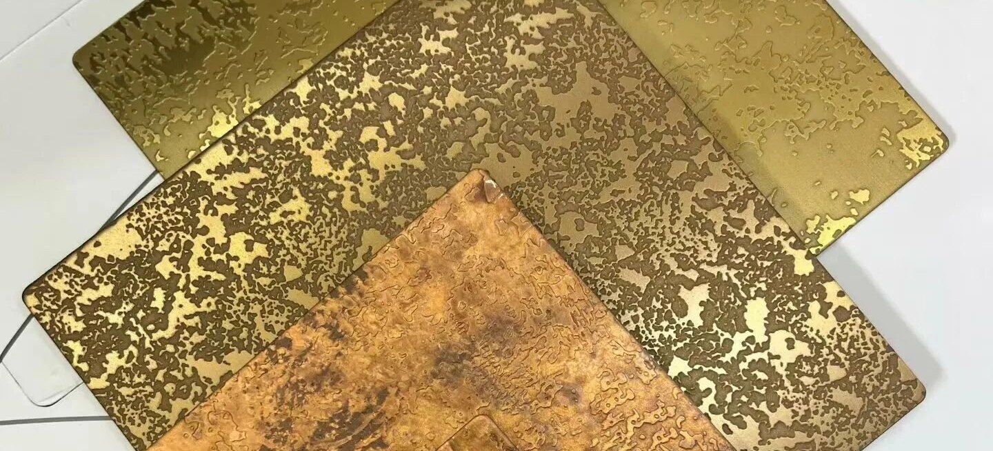 Etched stainless steel sample plates in several tones evaluated together before production