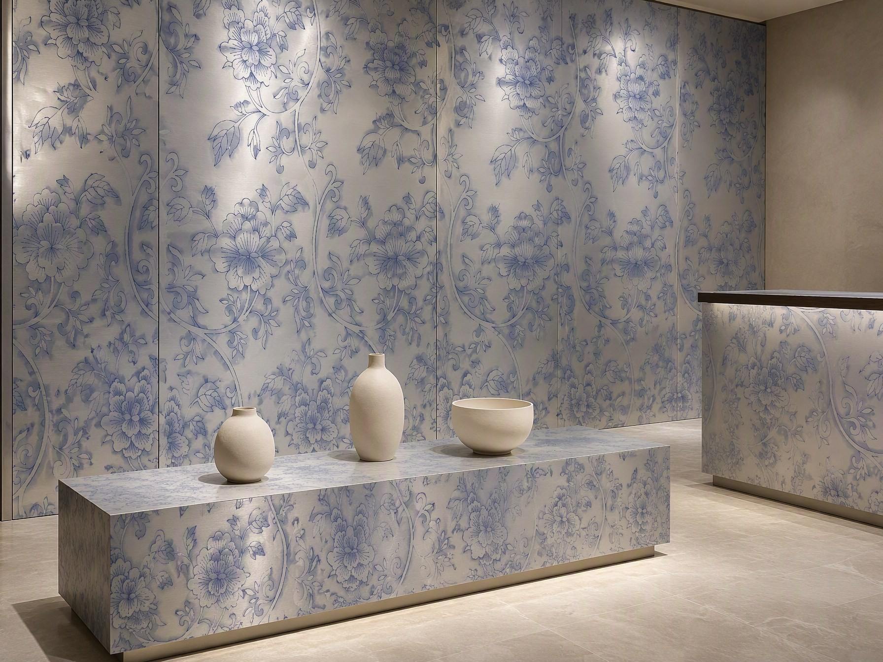 A printed stainless steel display surface in a retail interior, the graphic working at close viewing distance