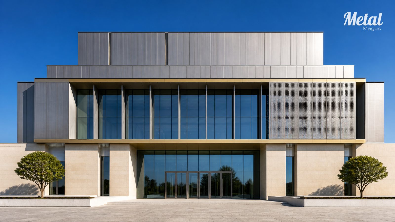 Front elevation drawing of the civic centre showing the stacked planes and the four-material hierarchy