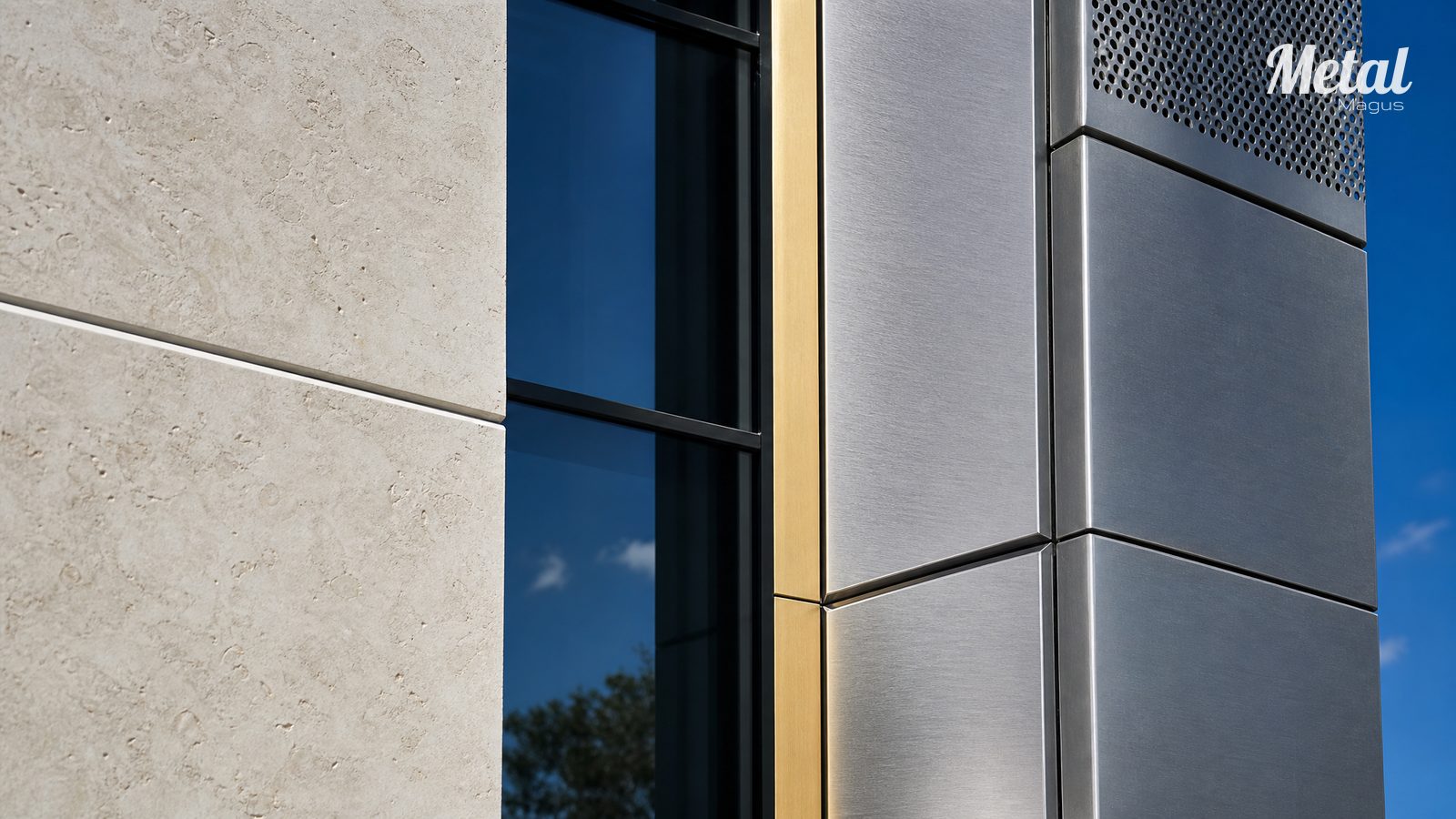 Close view of the junction between brushed stainless steel, glass, limestone and UHPC panels