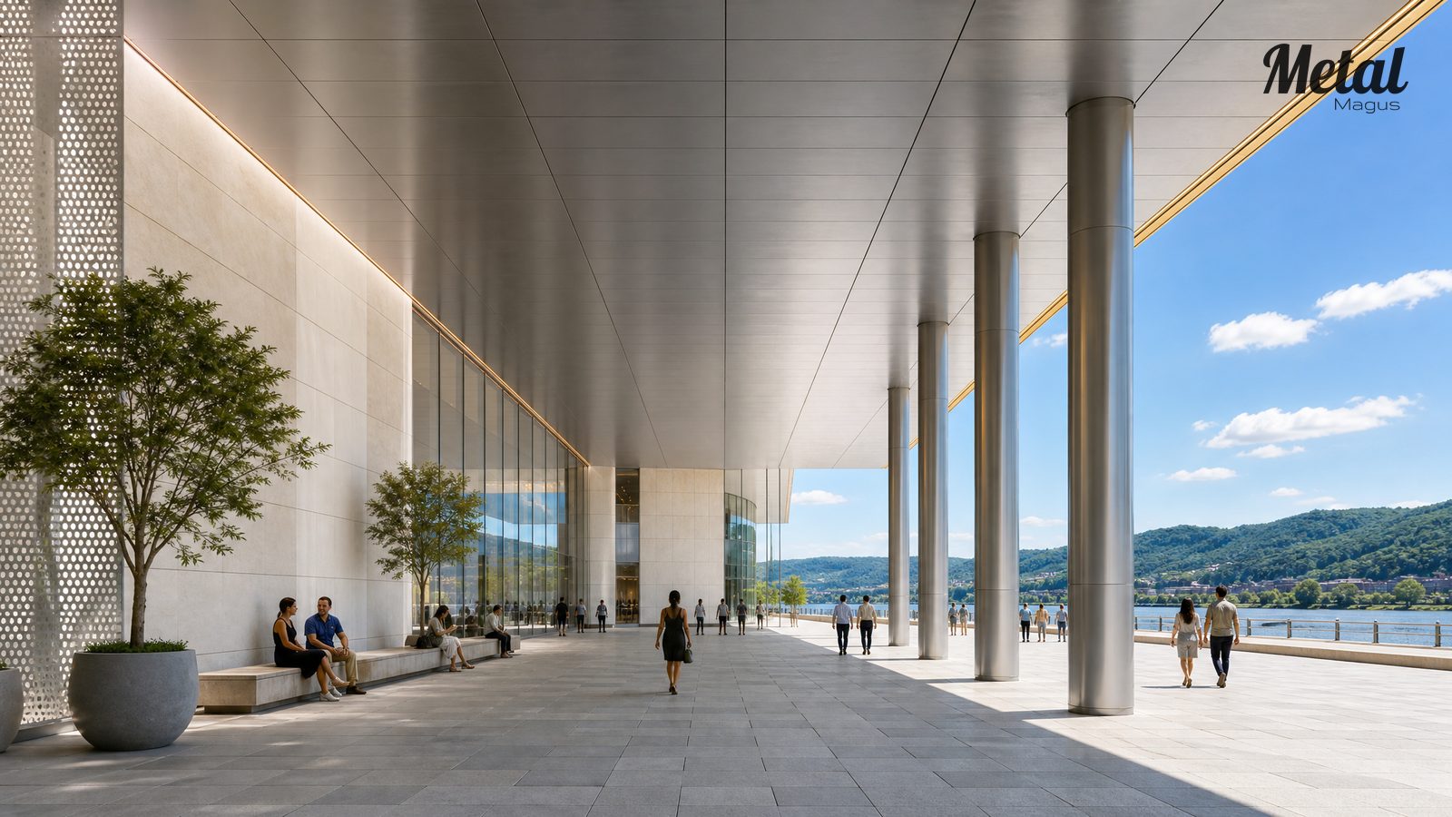 Public plaza sheltered beneath the overhanging eaves of the civic centre