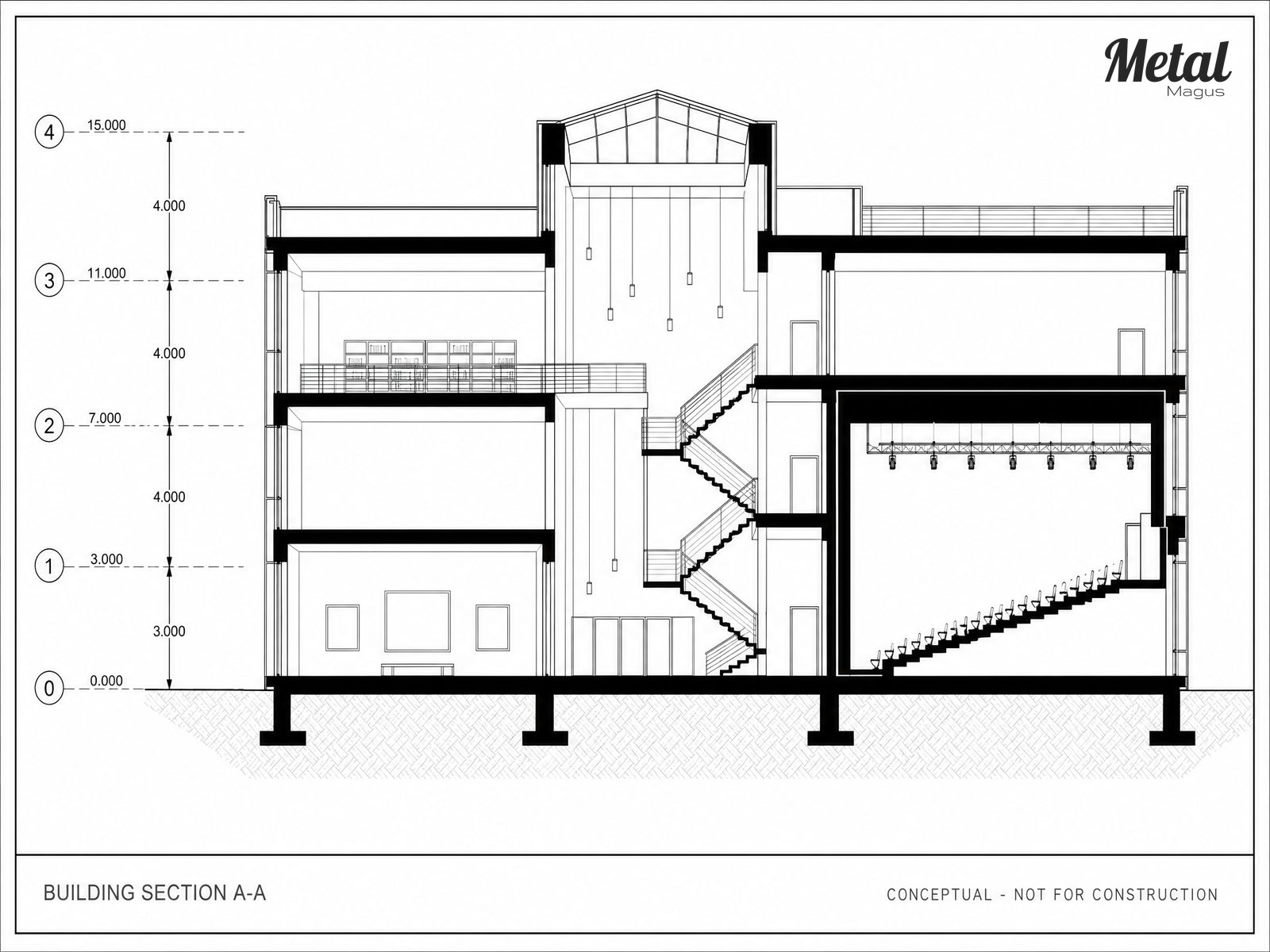 Section A-A through the atrium and terraced volumes