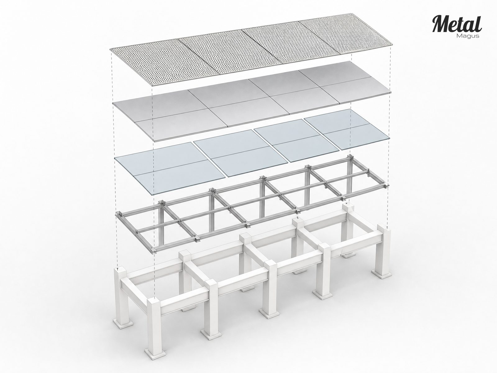 Exploded model showing the layering of the facade materials