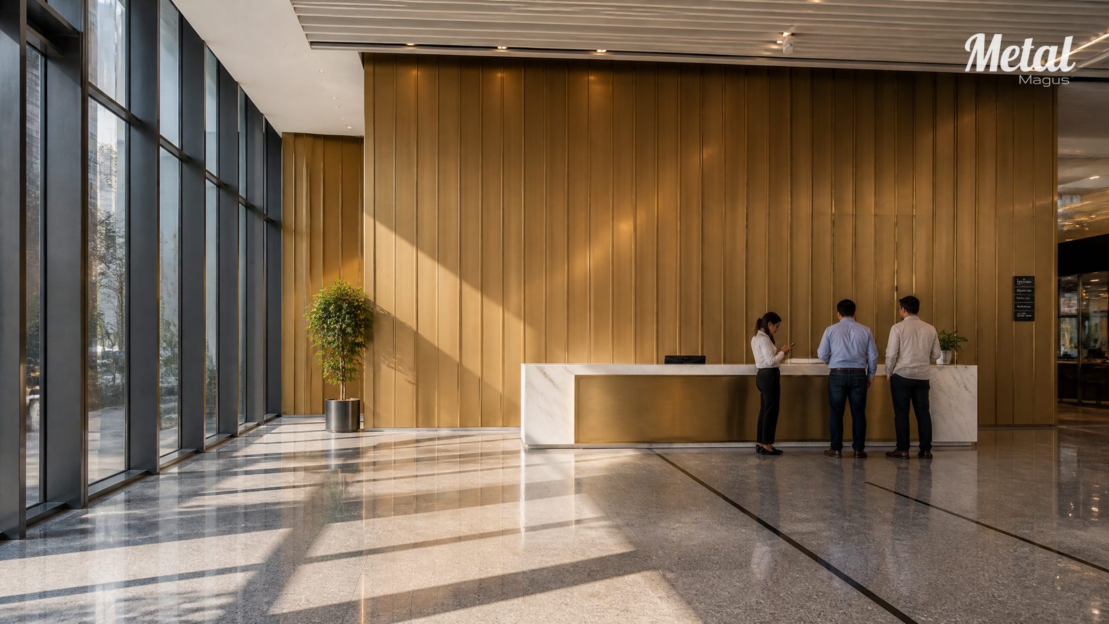 Double-height entrance lobby with warm sand-gold vertical strip panels
