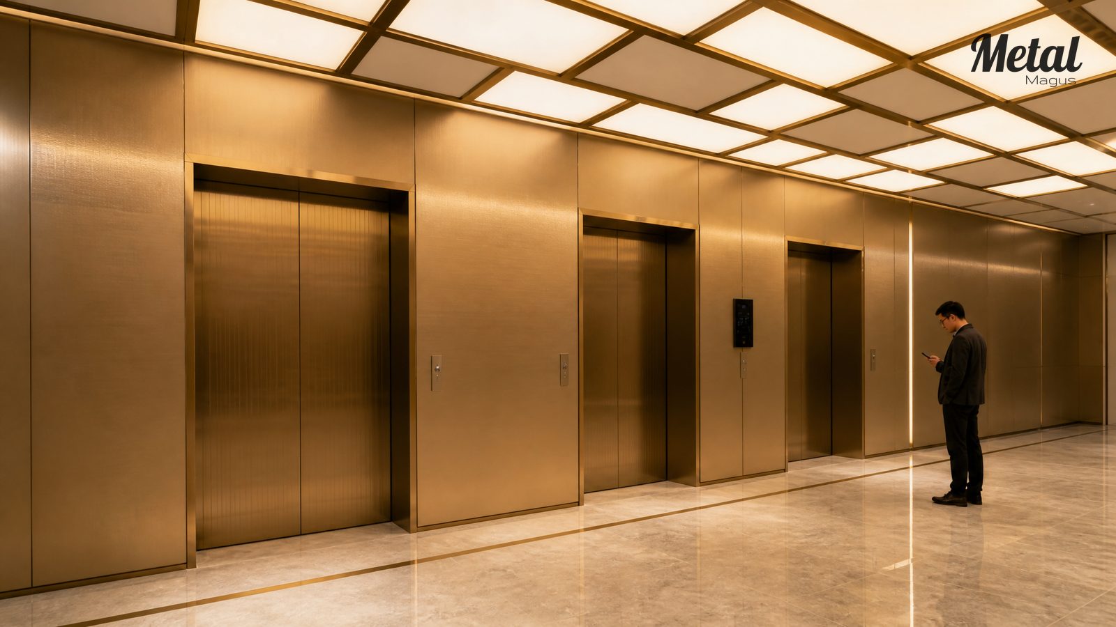 Lift lobby with cross-hatch brushed stainless steel walls and diffusing ceiling