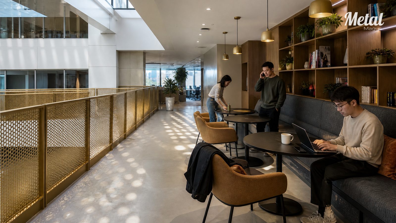 Rest area in the atrium with perforated metal side walls