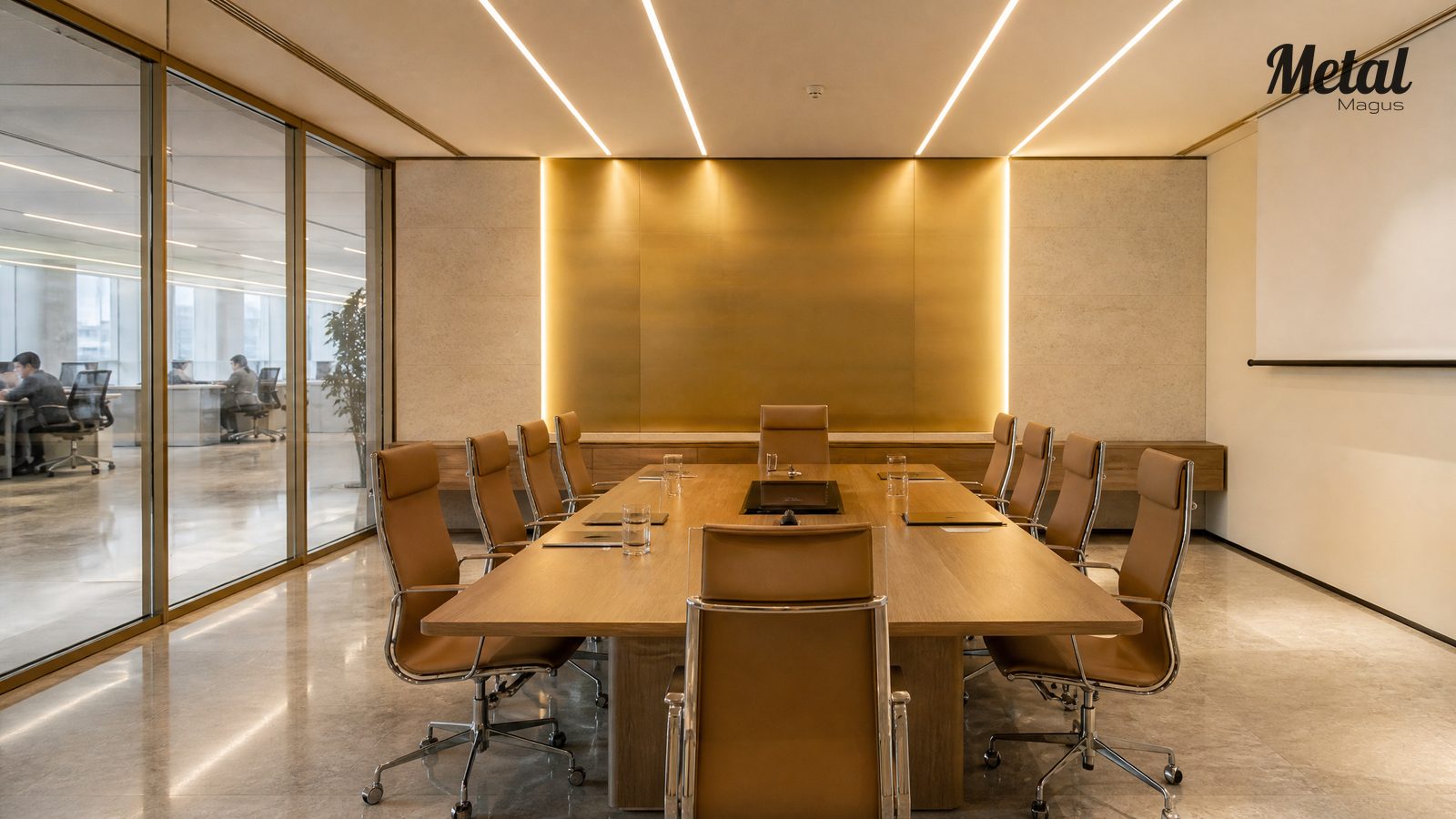 Boardroom with warm sand-gold stainless steel backdrop