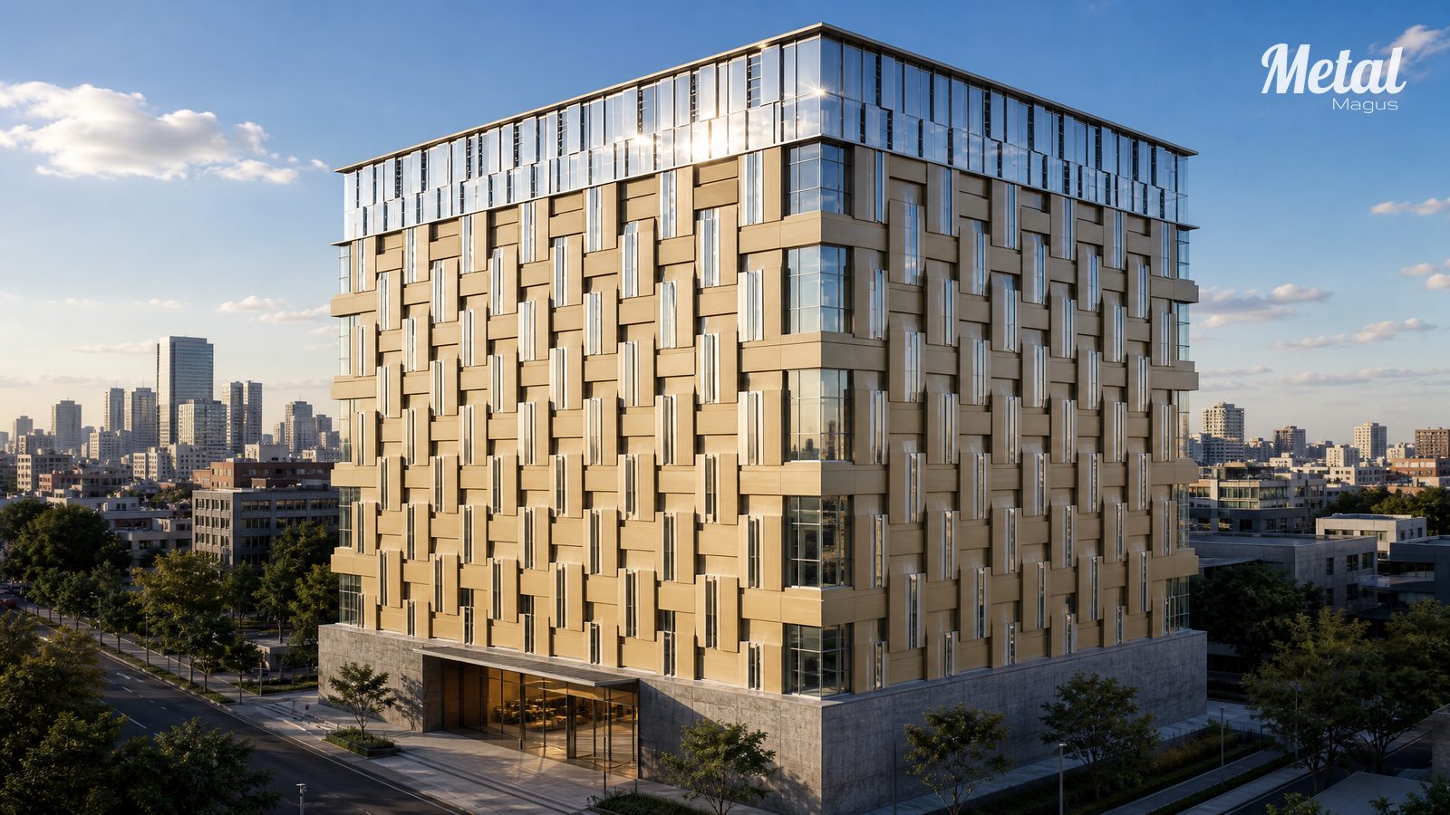 Corporate headquarters with a warm sand-gold PVD stainless steel module facade