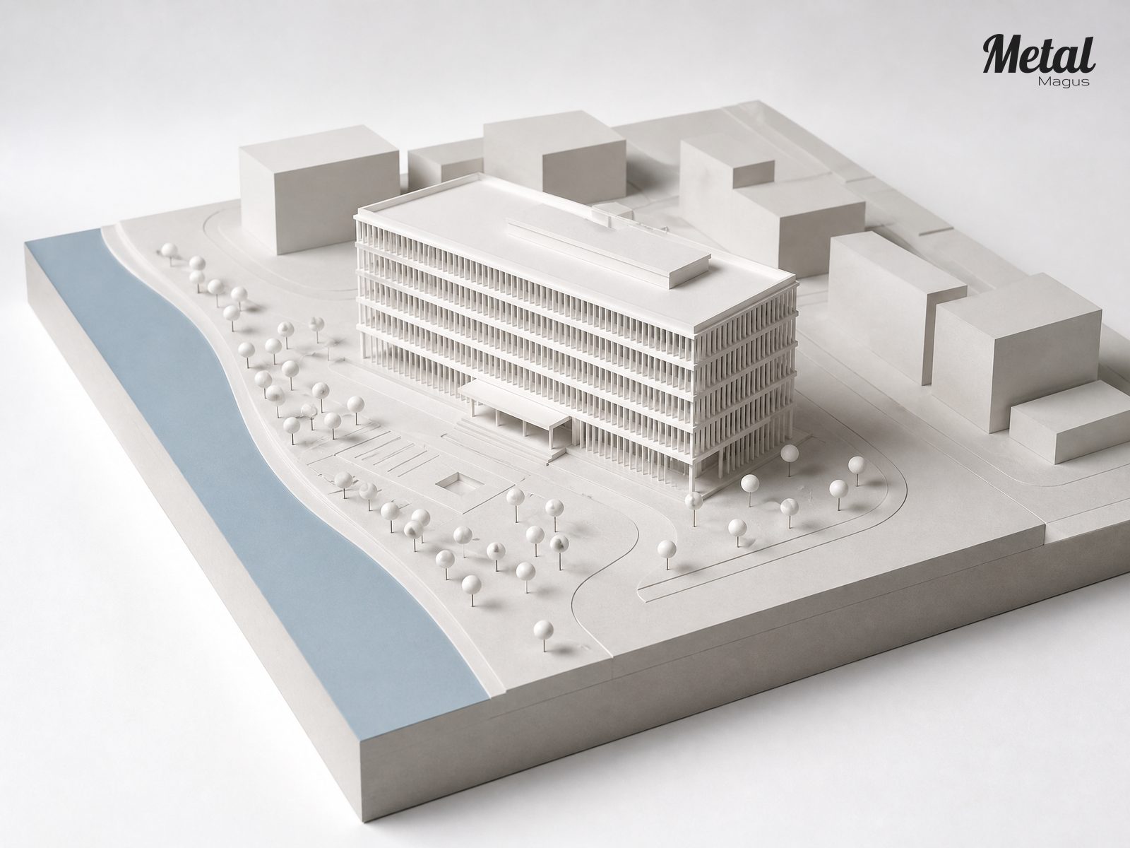 Model showing the tower within its riverside site