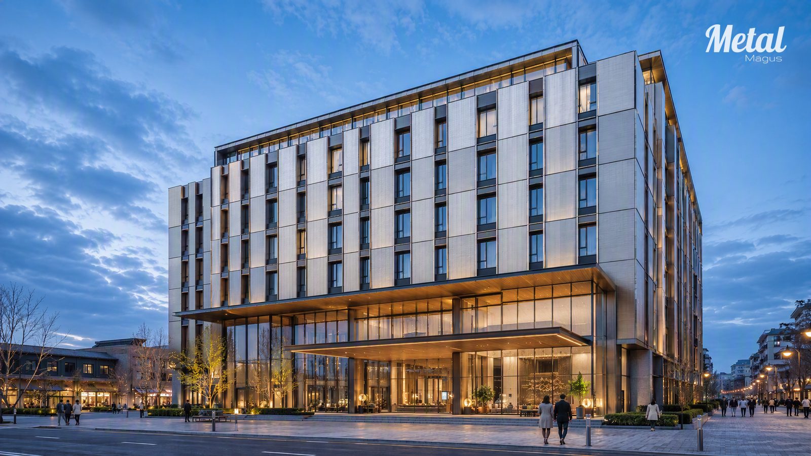 City hotel with a large-format retro brushed stainless steel facade