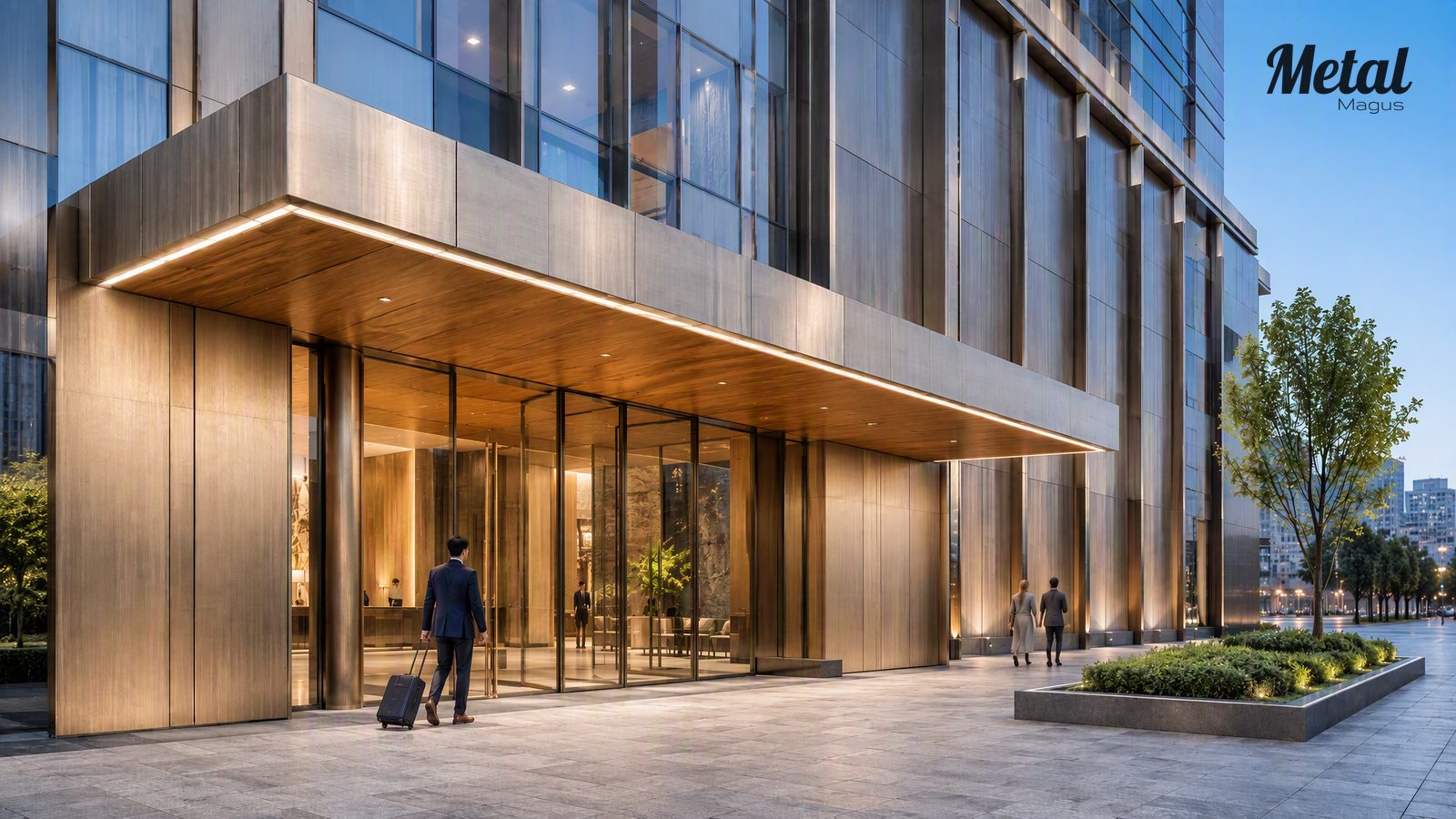 Main entrance and canopy of the hotel with brushed stainless steel and timber soffit