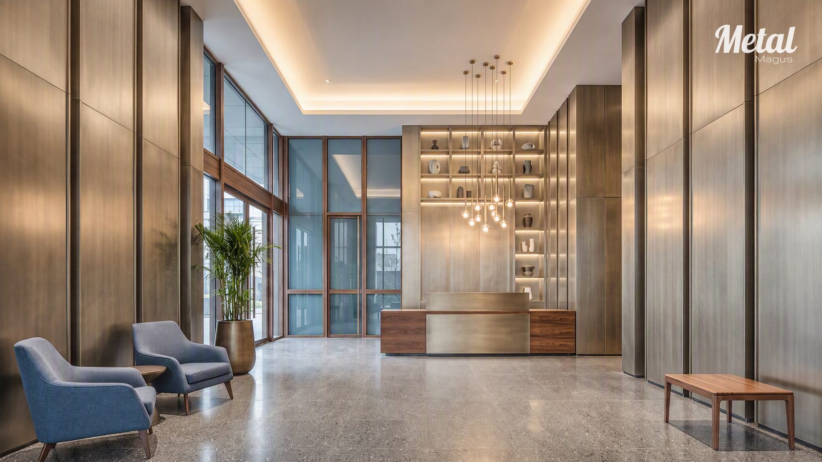 Double-height hotel lobby with brushed stainless steel and stone finishes