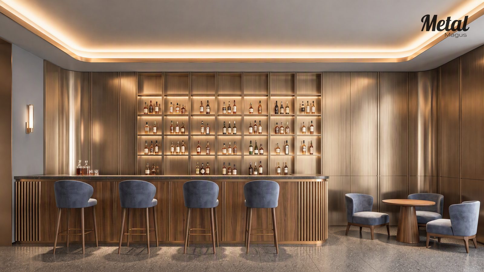 Hotel bar with retro brushed stainless steel and dark timber