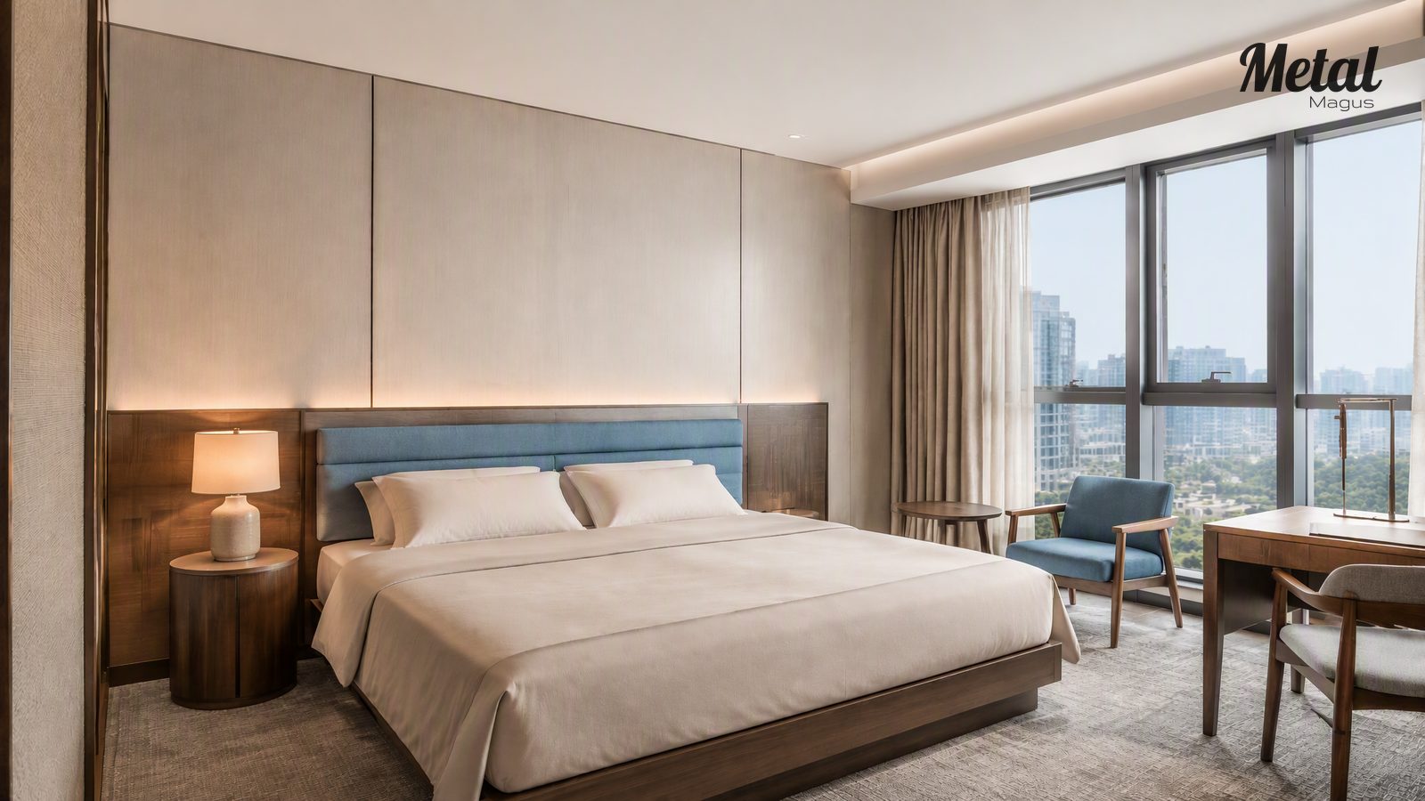 Typical hotel guestroom with restrained metal detailing