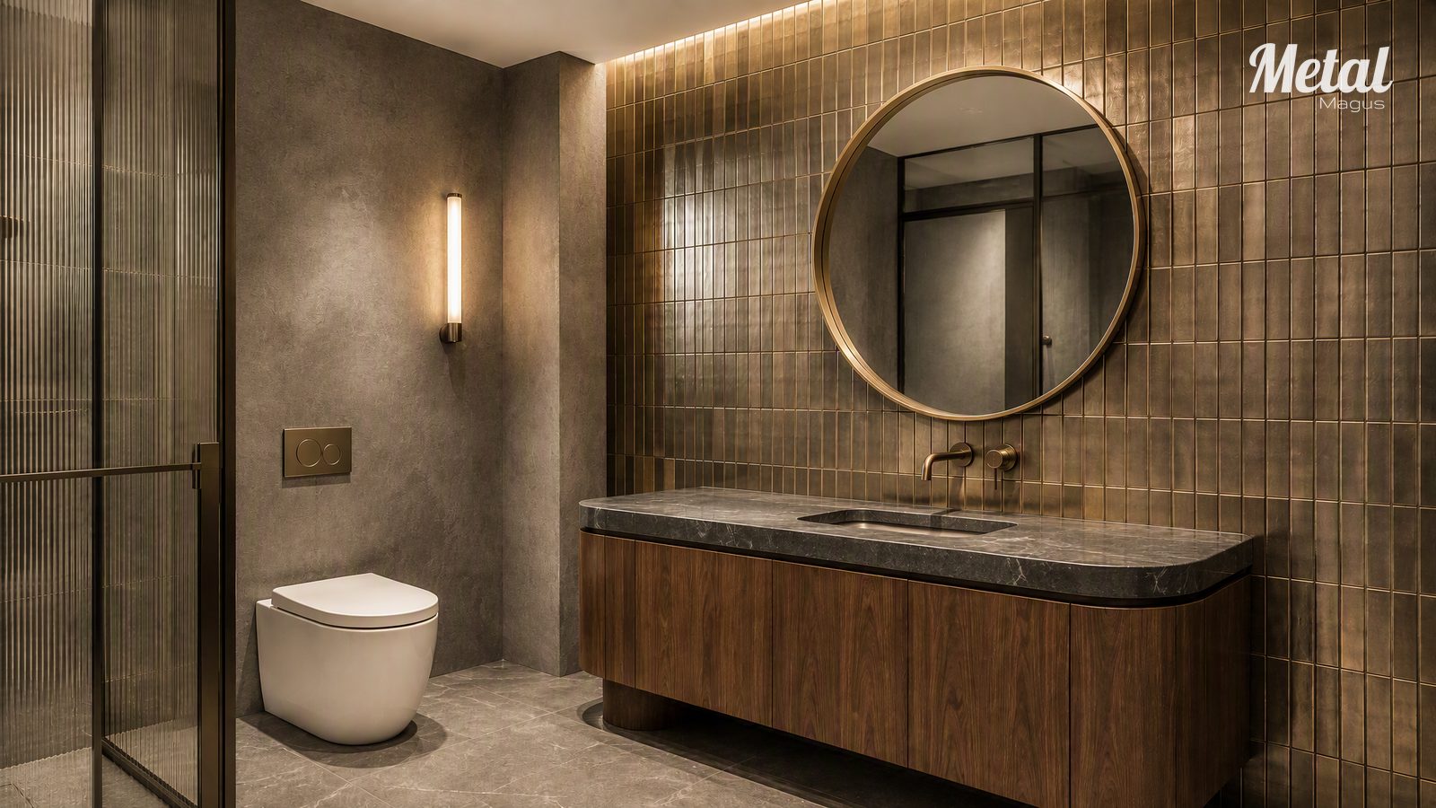 Hotel guest bathroom with honed stone and brushed metal