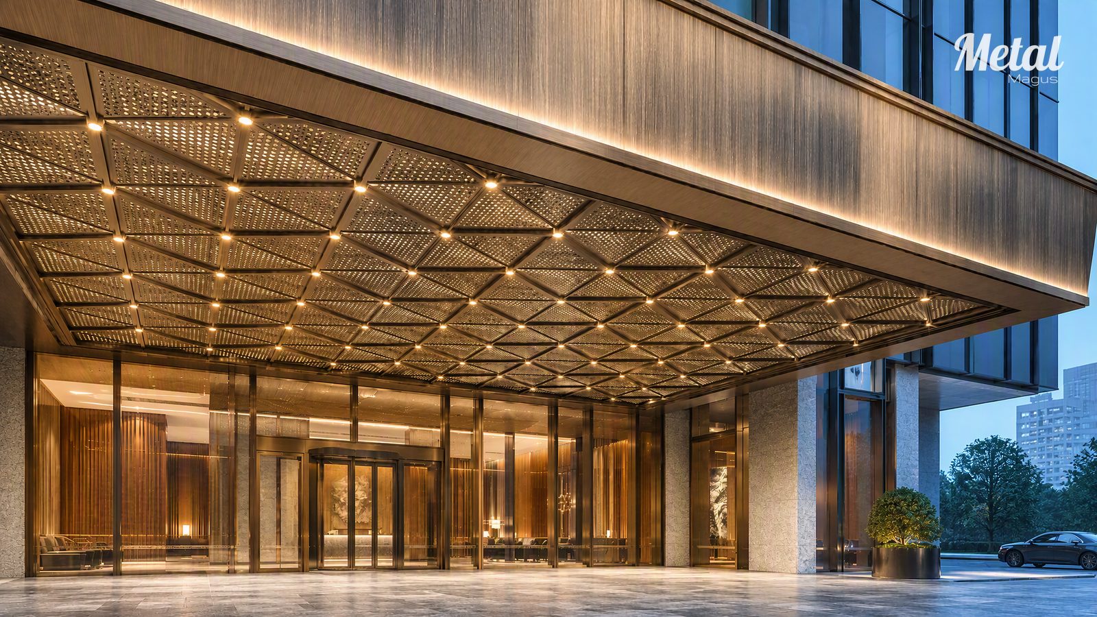 Lattice patterned entrance canopy above the hotel doors