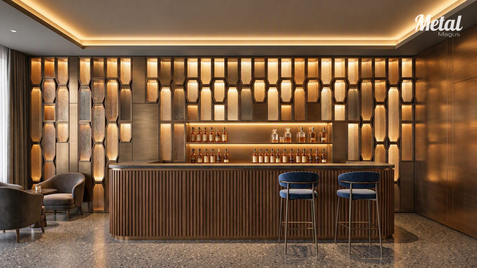 Lit hexagonal lattice feature wall in the hotel lounge