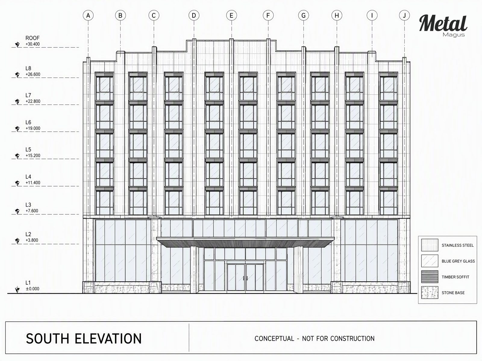 South elevation of the hotel showing the brushed stainless steel grid and recessed glazing