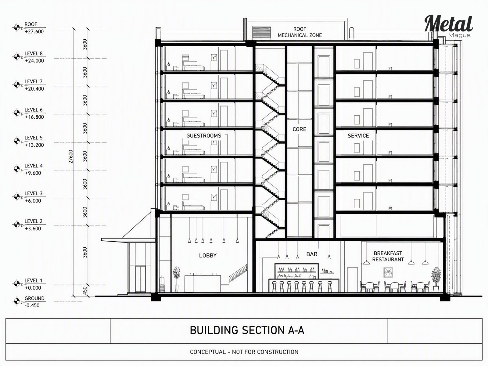 Section A-A through the hotel