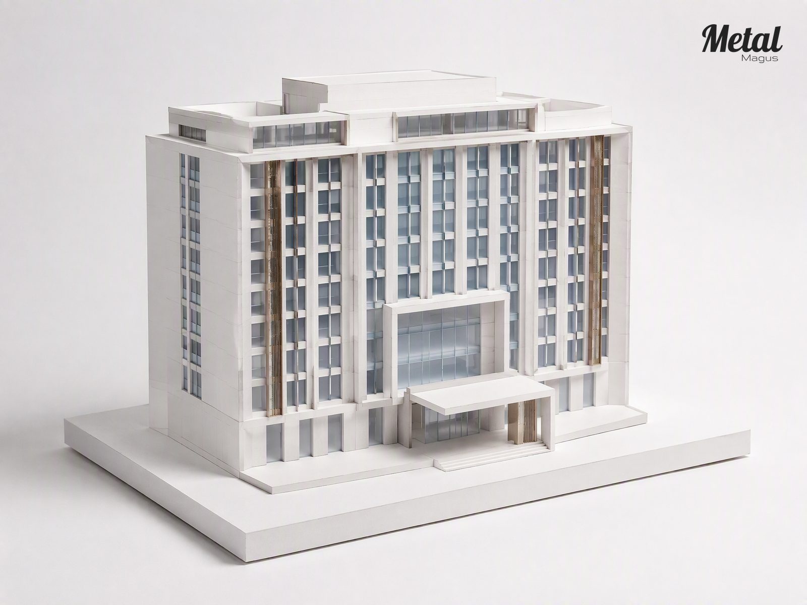 White massing axonometric of the hotel