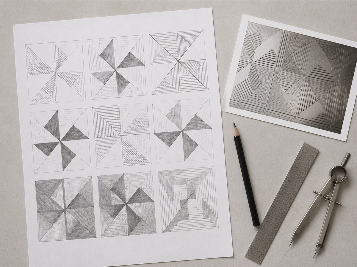 A printed sheet of geometric pattern artwork studies with a pencil, scale rule and dividers on a design studio worktable, the design input for a custom etched stainless steel pattern