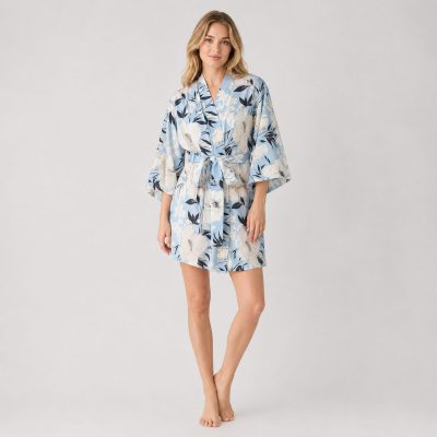 Blue Floral Satin Robe With Self-Tie Belt | Bridal Sleepwear Manufacturer
