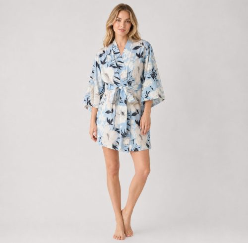 Blue Floral Satin Robe With Self-Tie Belt | Bridal Sleepwear Manufacturer