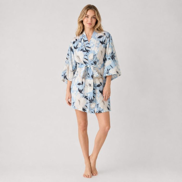 Blue Floral Satin Robe With Self-Tie Belt | Bridal Sleepwear Manufacturer