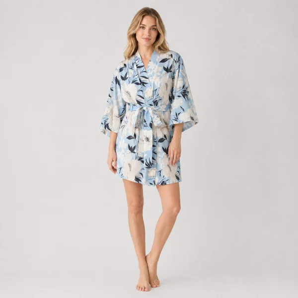 Blue floral satin robe with a self-tie belt and kimono wrap for bridal ranges