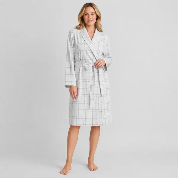 White plaid flannel robe with a grey check pattern and a self-tie belt for autumn and winter ranges