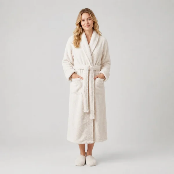 Ivory terry towel bathrobe with a shawl collar for hotel and resort guest rooms