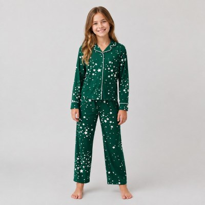 Green Star Print Kids' Cotton Pajama Set | OEM Sleepwear