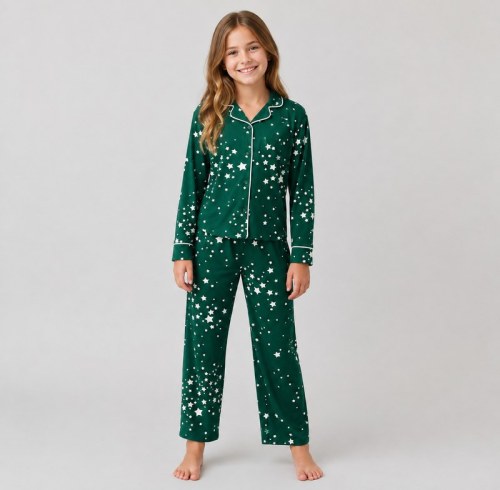 Green Star Print Kids' Cotton Pajama Set | OEM Sleepwear