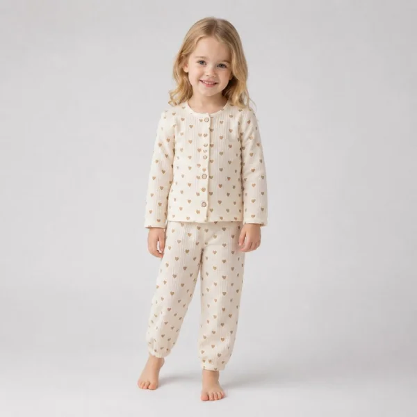 Girl wearing an ivory heart print cotton kids pajama set with a long sleeve top and matching pants