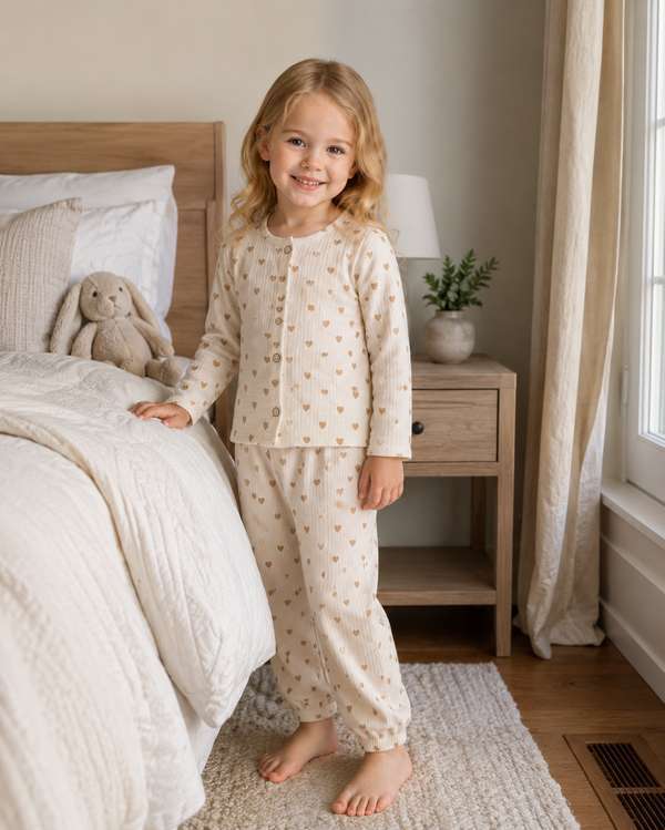 Textured cotton kids' pajama detail with beige heart print, round neckline and natural button-front design