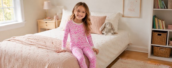 Pink leopard kids' loungewear set with long sleeve top and matching slim pants for private label children's sleepwear
