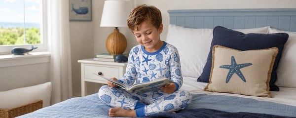 Boys' ocean print loungewear set with seashell and starfish pattern for private label children's sleepwear collections