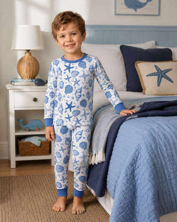 Boys' knit pajama detail featuring blue seashell print, contrast crew neck and matching rib cuffs