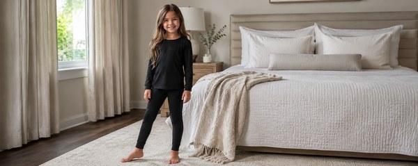Solid black girls' loungewear set with long sleeve top and slim pants for private label children's sleepwear collections