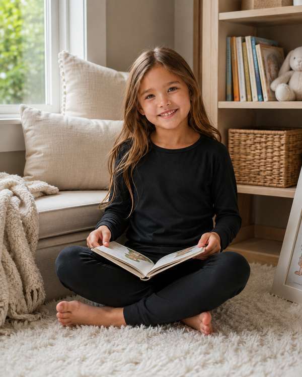 Girls' black knit loungewear detail showing crew neck top, clean construction and matching slim pajama pants