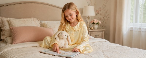 Ivory girls satin nightgown with ruffle collar, button front and long sleeves for private label children's sleepwear