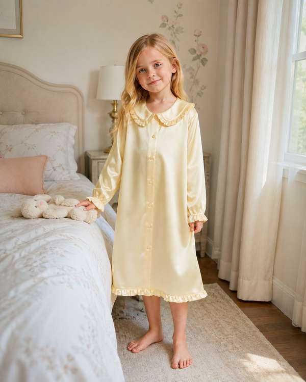 Girls satin nightgown detail showing ruffled Peter Pan collar, smooth woven satin and decorative ruffle hem